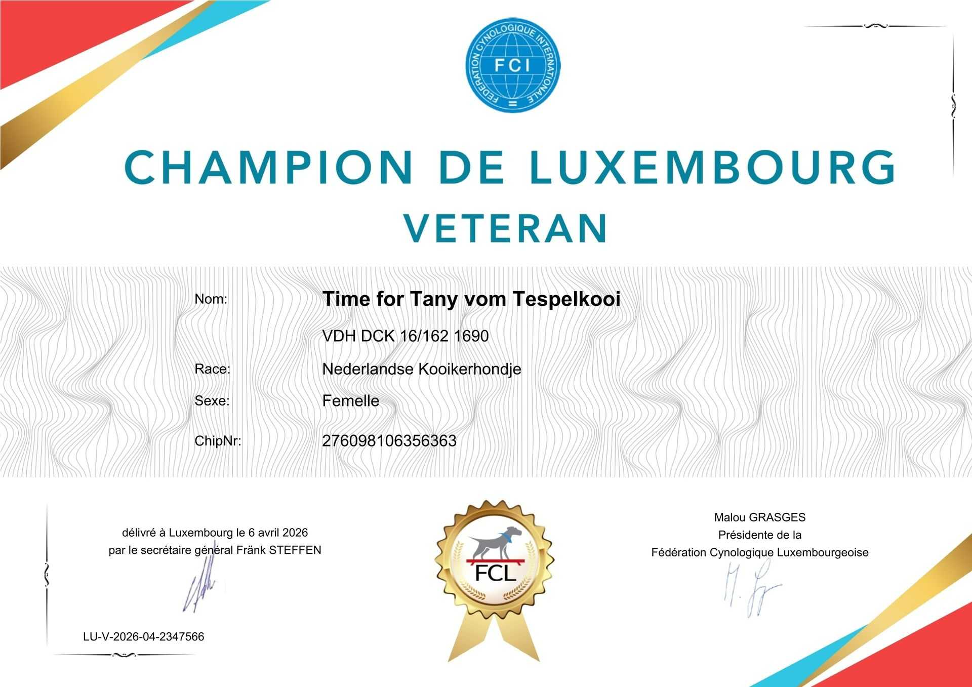 Time for Tany vom Tespelkooi Lux Veteranen Champion 2026
